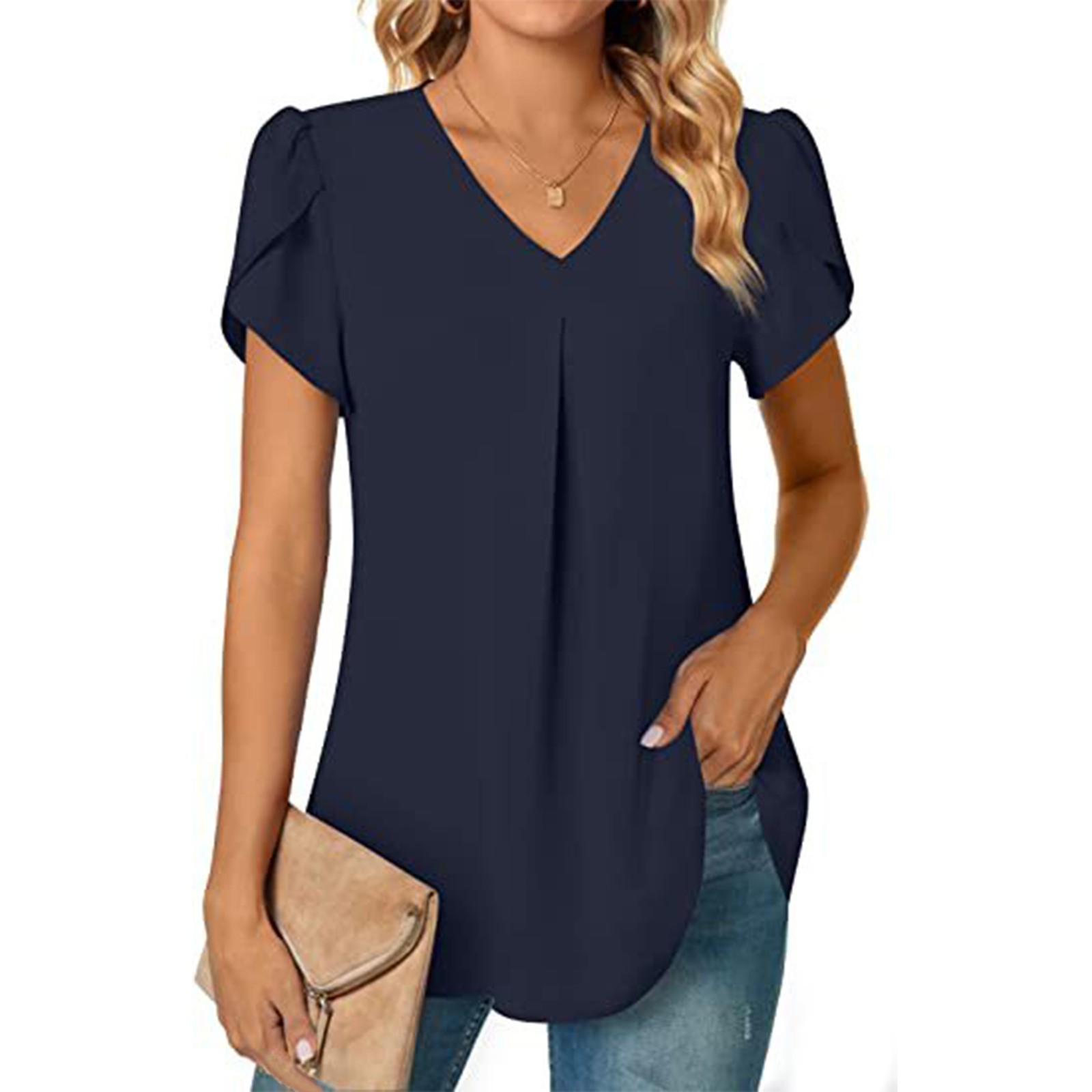 thumbnail image 2 of 2025 Top túnica de manga corta con cuello en V de gasa para mujer, ideal para leggings - Mezcla ligera de rayón, tallas S-XXL, 2 of 6